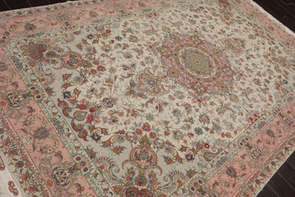 6x9 Hand Knotted Wool and Silk Traditional Tabriz Master Weaver Signed 400 KPSI Oriental Area Rug Ivory, Blush Color-4