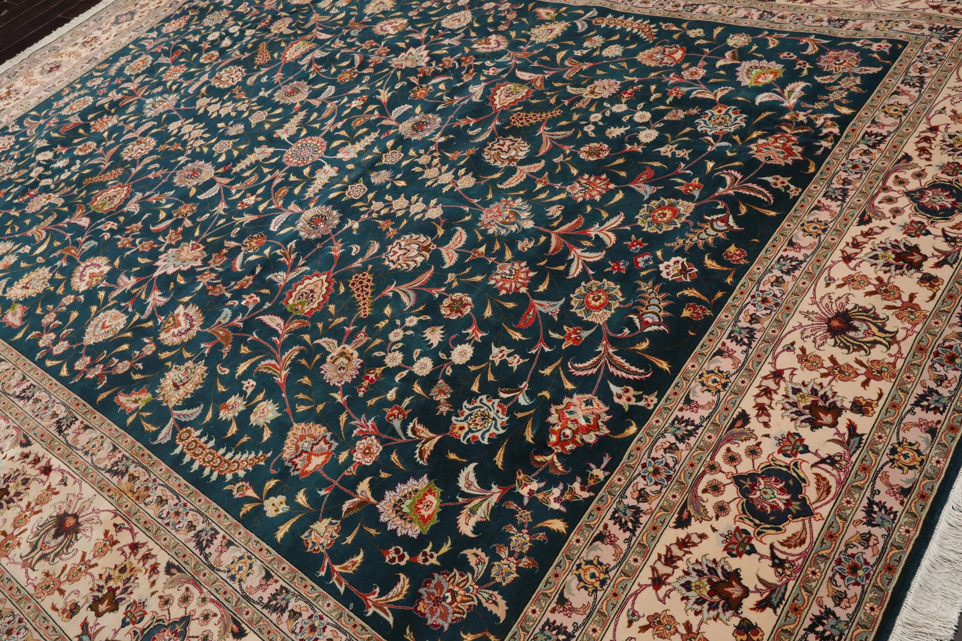 10x14 Hand Knotted Wool and Silk Traditional Tabriz 400 KPSI Oriental Area Rug Teal, Beige Color-3