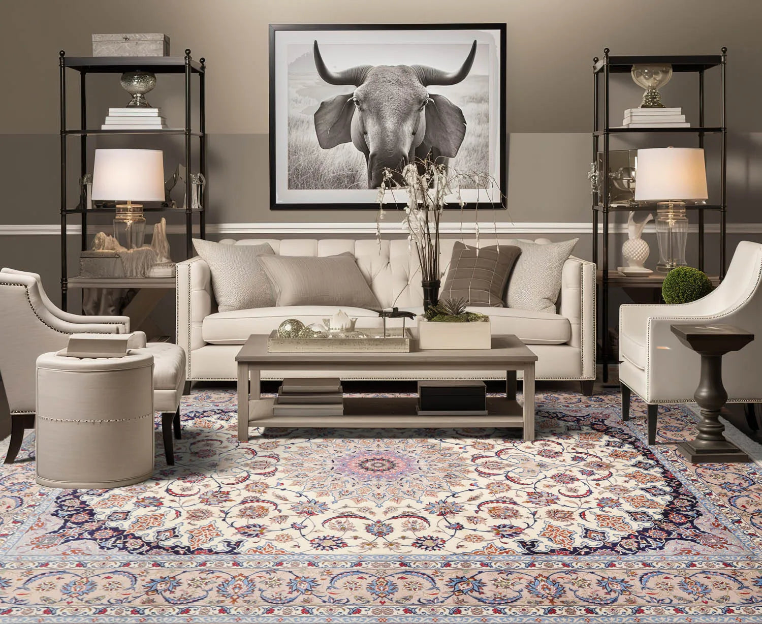 9x12 Cream, Taupe Hand Knotted Isfahan Wool and Silk Traditional 400 KPSI Oriental Area Rug-0