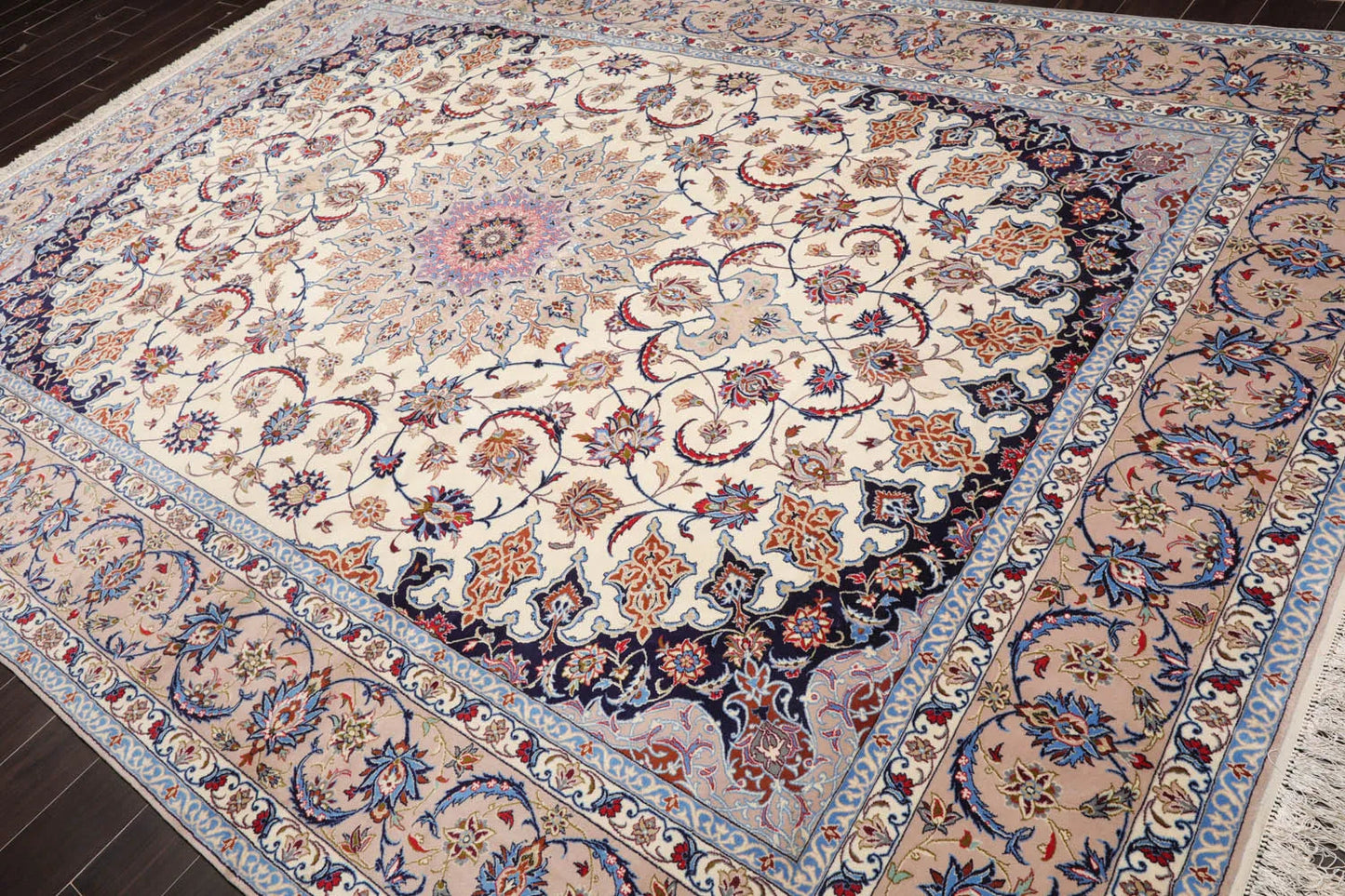 9x12 Cream, Taupe Hand Knotted Isfahan Wool and Silk Traditional 400 KPSI Oriental Area Rug-3