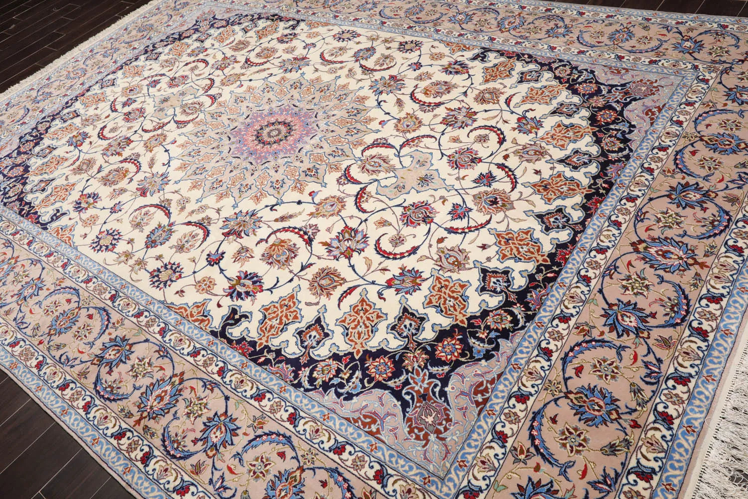 9x12 Cream, Taupe Hand Knotted Isfahan Wool and Silk Traditional 400 KPSI Oriental Area Rug-3