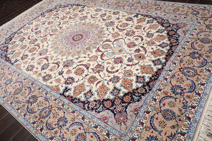 9x12 Cream, Taupe Hand Knotted Isfahan Wool and Silk Traditional 400 KPSI Oriental Area Rug-3