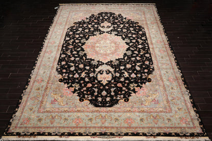 11' 6''x16' 10'' Palace Hand Knotted Wool and Silk Tabriz Traditional 400 KPSI Oriental Area Rug Black, Aqua Color-2