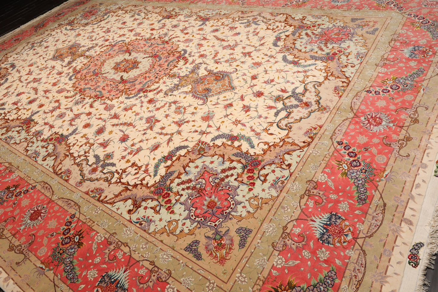 11'7'' x 16'9'' Ivory, Rose Palace Hand Knotted Wool and Silk Traditional Tabriz 350 KPSI Master Weaver Signed Oriental Area Rug-3