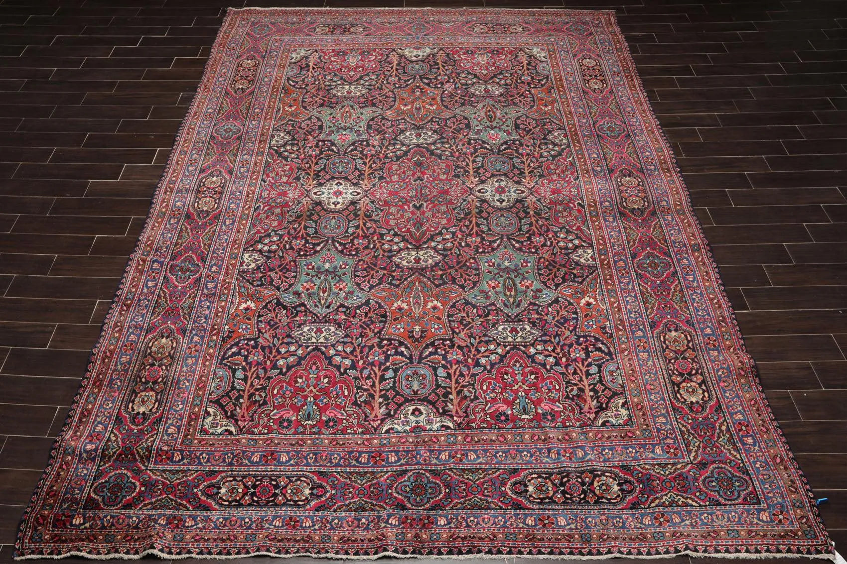 Antique 9'5'' x 13'6'' Hand Knotted 100% Wool Mashaad Traditional Area Rug Navy-3