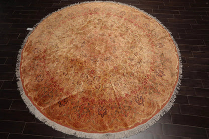 9'9''x9'9'' Round Tan, Peach Hand Knotted Wool and Silk Tabriz Traditional Oriental Area Rug-1