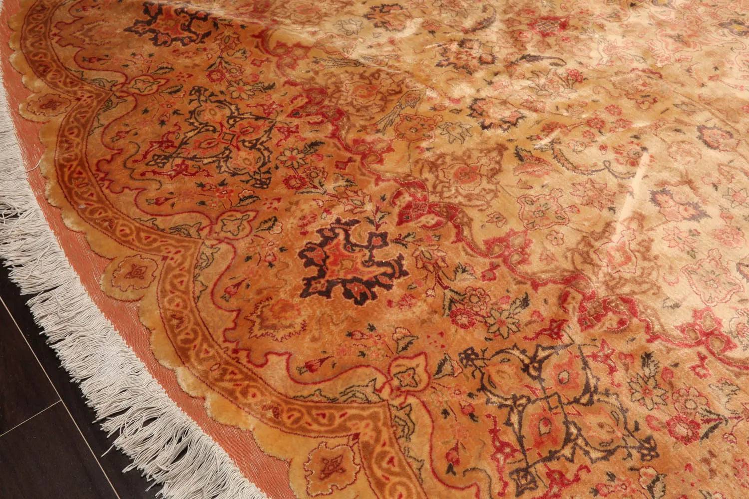 9'9''x9'9'' Round Tan, Peach Hand Knotted Wool and Silk Tabriz Traditional Oriental Area Rug-2