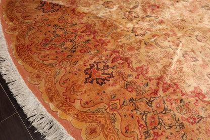 9'9''x9'9'' Round Tan, Peach Hand Knotted Wool and Silk Tabriz Traditional Oriental Area Rug-2