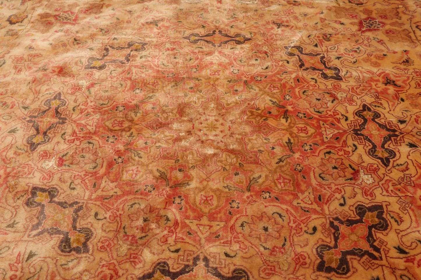 9'9''x9'9'' Round Tan, Peach Hand Knotted Wool and Silk Tabriz Traditional Oriental Area Rug-3