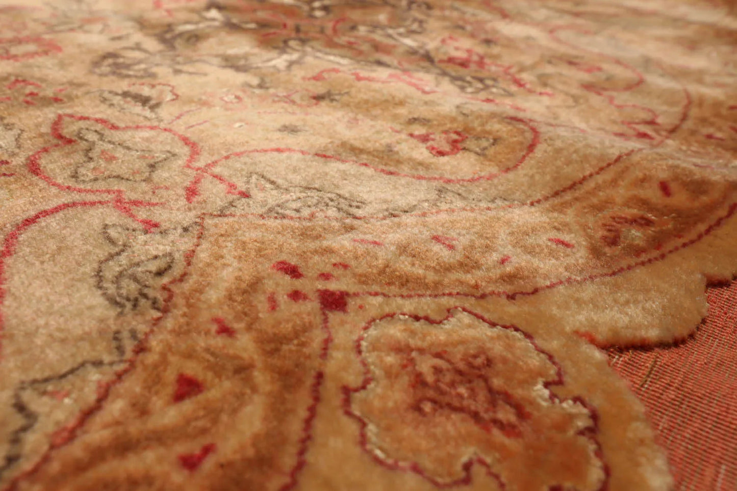 9'9''x9'9'' Round Tan, Peach Hand Knotted Wool and Silk Tabriz Traditional Oriental Area Rug-4