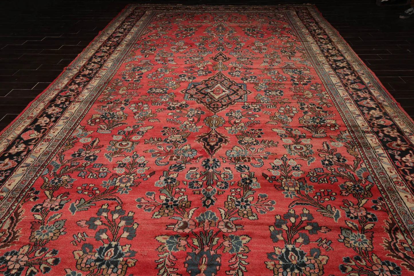9' 6''x25' Palace Rose, Charcoal Hand Knotted 100% Wool Lilihaan Traditional Oriental Area Rug-3