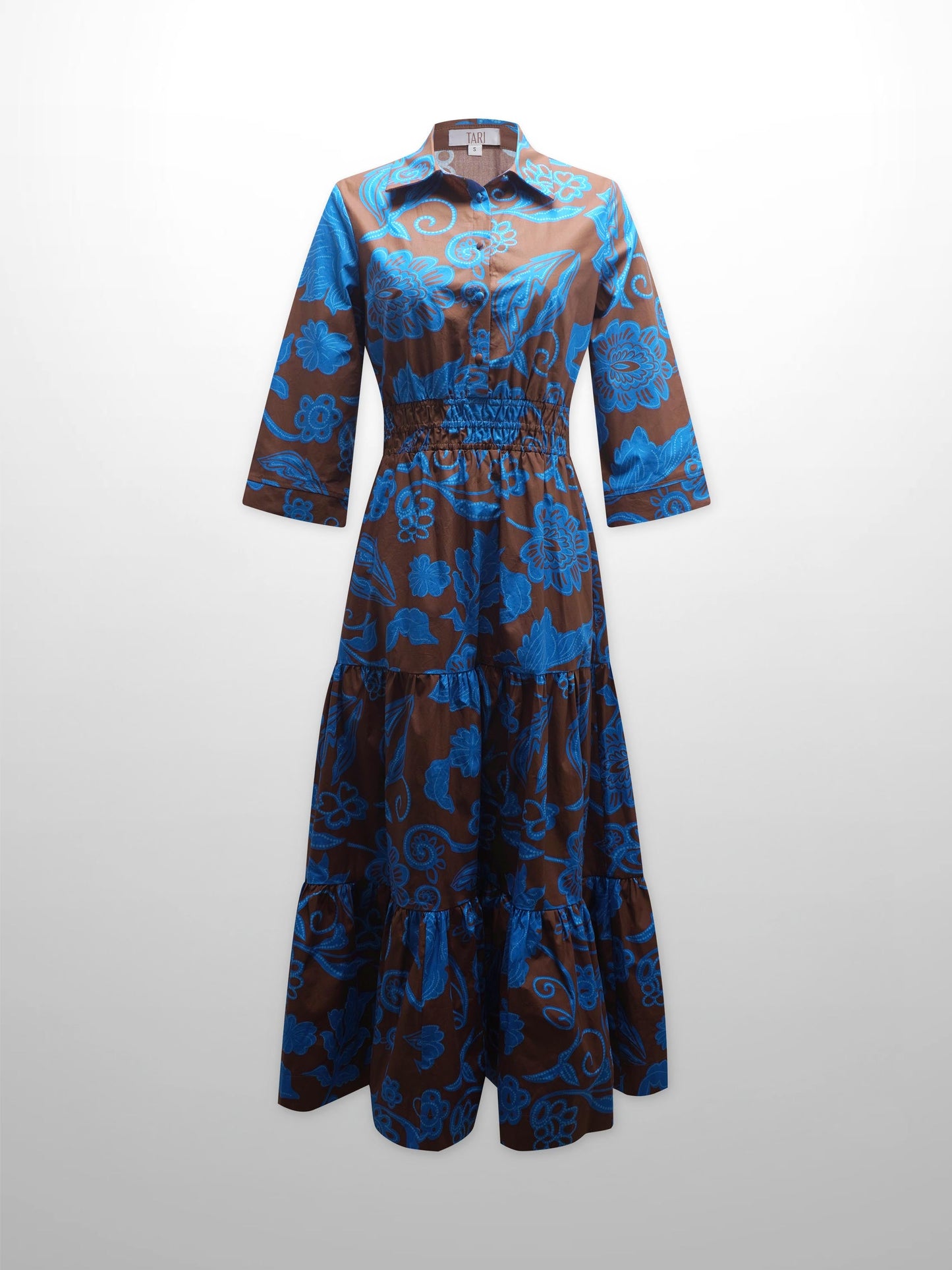 Elastic Waist Tiered Shirtdress-Brown/Blue Floral