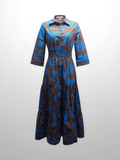 Elastic Waist Tiered Shirtdress-Brown/Blue Floral