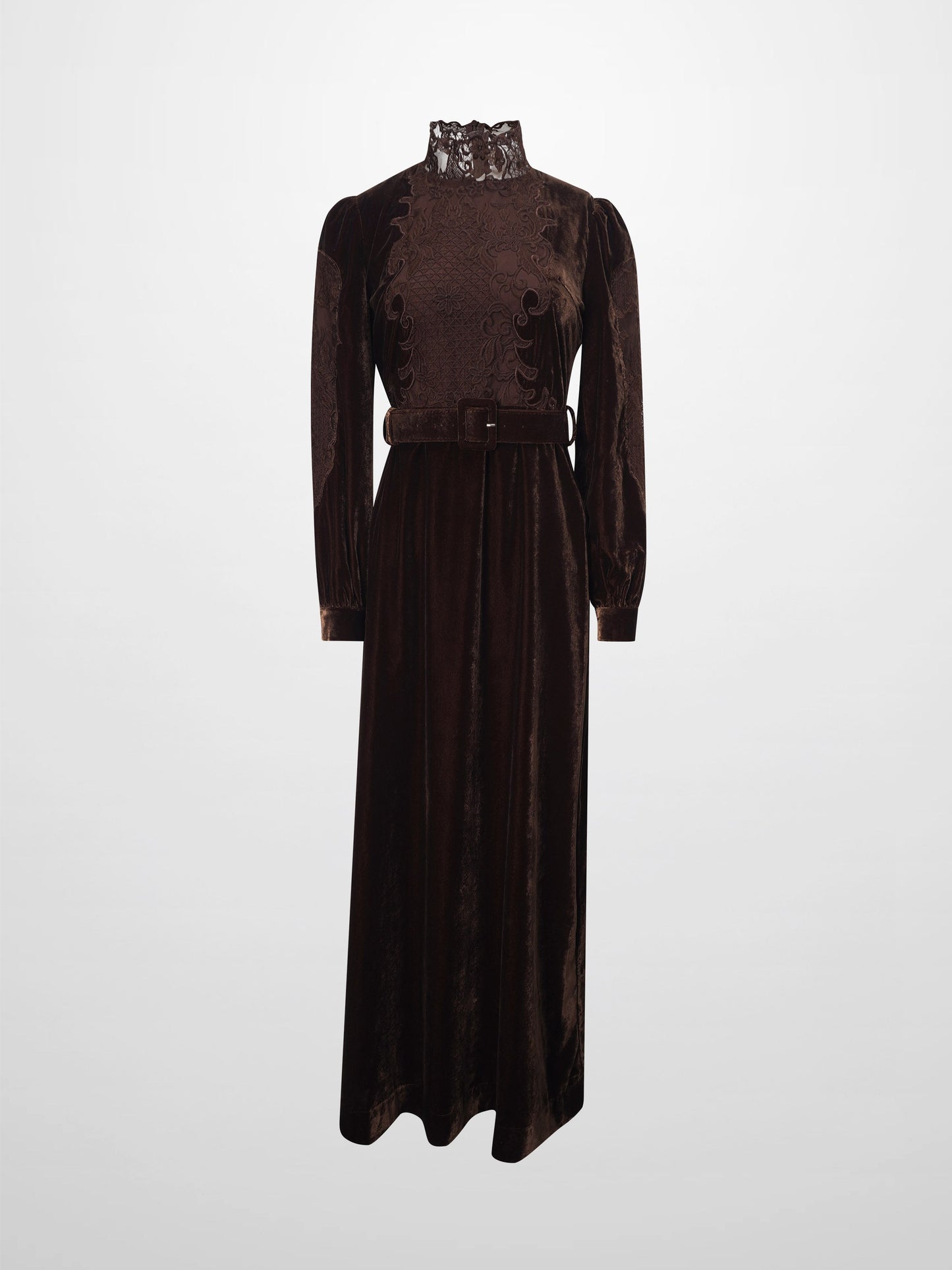 Lace Inlay Velvet Dress-Brown