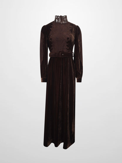 Lace Inlay Velvet Dress-Brown