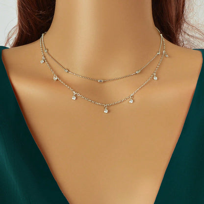 Sparkling Diamond Pendant Double Layer Silver Necklace Elegant Statement Jewelry