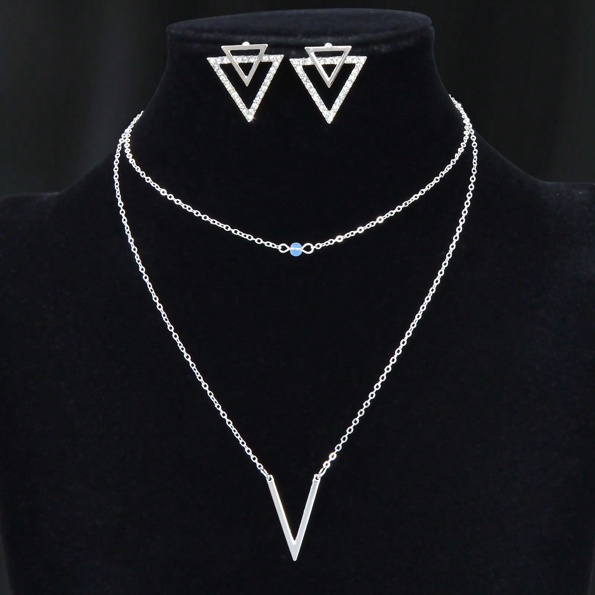Silver V Pendant Necklace with Triangle Earrings Jewelry Set