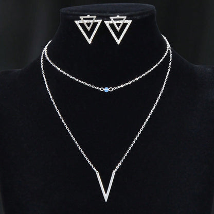 Silver V Pendant Necklace with Triangle Earrings Jewelry Set
