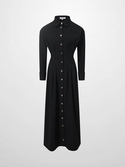 Pleat Waist Pinstripe Button Down Dress-Black