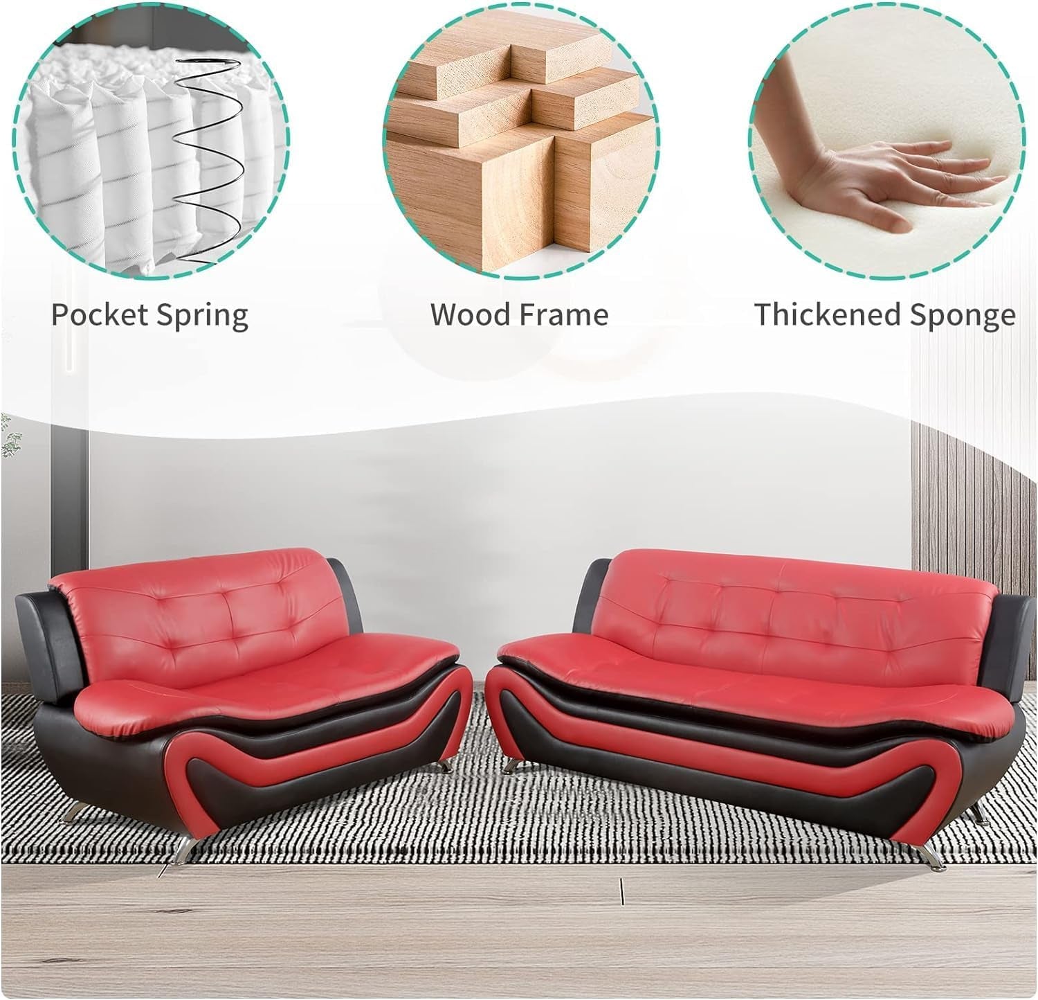 Contemporary Living Room Furniture Set, Faux Leather Sofa Set for Living Room/House/Bedroom/Office/Apartment (Red/Black, Sofa,Loveseat)-2