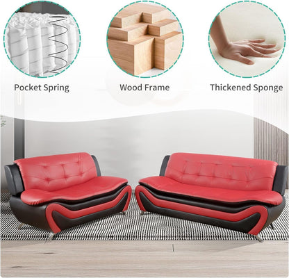 Contemporary Living Room Furniture Set, Faux Leather Sofa Set for Living Room/House/Bedroom/Office/Apartment (Red/Black, Sofa,Loveseat)-2