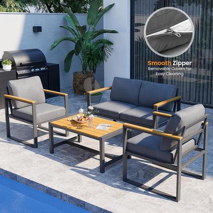 4 Pieces Outdoor Patio Furniture Set, Modern Metal Balcony Furniture with Plastic-Wood Coffee Table, All-Weather Outdoor Furniture Set with Thick Cushion for Balcony, Porch, Gray