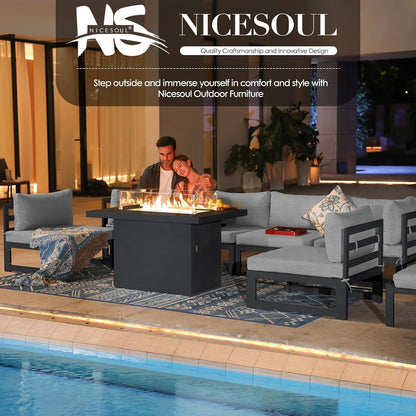 ® Modern Large Grey Aluminum Outdoor Patio Furniture Set with Fire Pit Table, 29'' Deep Wide Seating Conversation Sofa L Shaped Sectional Couch Set (6 Pieces, 5 Seats)-4