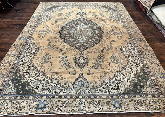 Antique Persian Tabriz Rug 9x12, Floral Medallion Rug, Hand-Knotted Wool Oriental Carpet, Room Sized Handmade Rug, 9 x 12 Vintage Farmhouse Rug-0