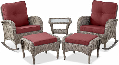 5 Piece Patio Rocking Chairs Furniture Set - Outdoor Wicker Furniture with Ottomans and Side Table, Rattan Conversation Bistro Set for Porch Balcony Backyard