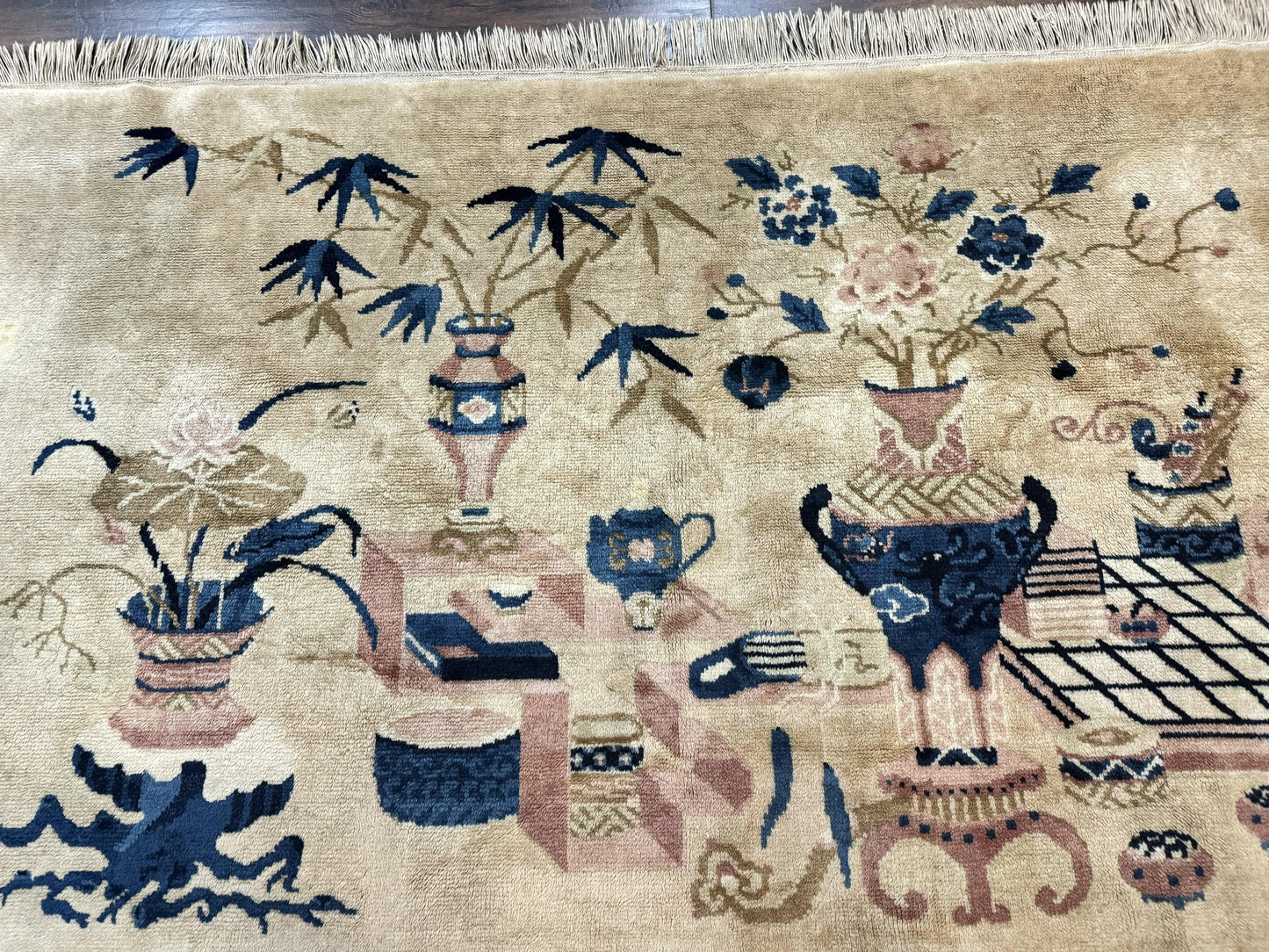 Chinese Rug 5x3, Horizontal Rug, Vases Flowers, Handmade Antique Vintage Carpet, Peking Rug, Chinese Wool Rug