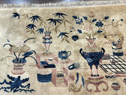 Chinese Rug 5x3, Horizontal Rug, Vases Flowers, Handmade Antique Vintage Carpet, Peking Rug, Chinese Wool Rug