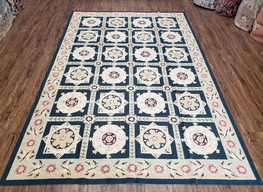 Vintage Chinese Needlepoint Rug 6x9, Panel Design Area Rug Wool Hand-Woven Black & Ivory Carpet Flat Weave Bedroom Rug 6 x 9 Living Room Rug-0