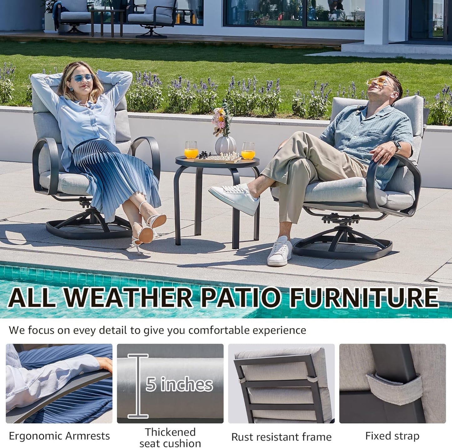 Patio Bistro Set, 3 Piece Outdoor Swivel Glider Rocking Chairs, Conversation Furniture with 2 Highback Rockers, 1 Metal Table and 5" Cushion for Backyard,Porch,Poolside,350Lb.-3