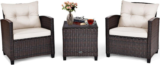 3 Pieces Patio Furniture Set, PE Rattan Wicker 3 Pcs Outdoor Sofa Set W/Washable Cushion and Tempered Glass Tabletop, Conversation Furniture for Garden Poolside Balcony (White)-0