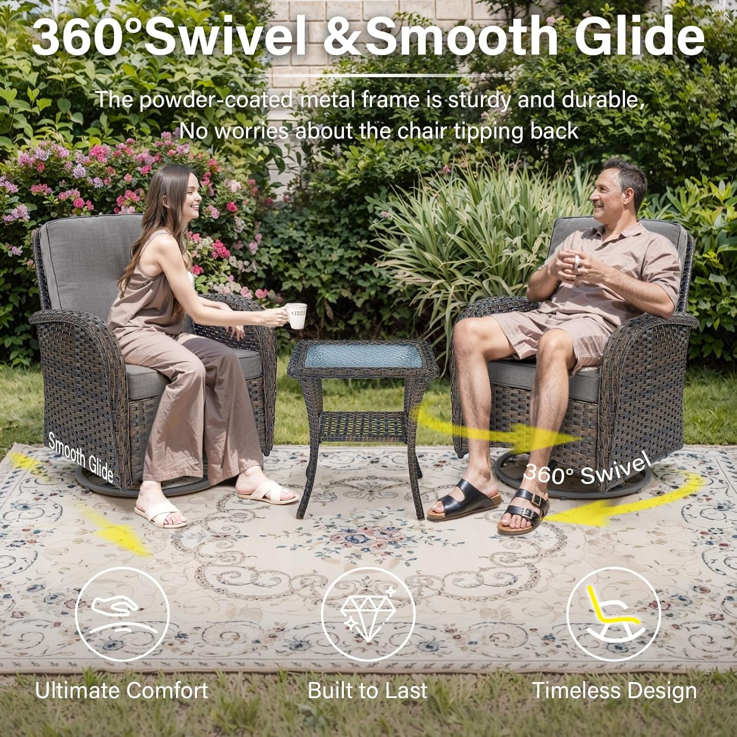 5 Piece Outdoor Patio Furniture Set with 50000 BTU Propane Fire Pit Table, Deep Seating Wicker Swivel Rocker Chairs and Loveseat Glider Patio Conversation Set for Poolside Deck Backyard Grey-1