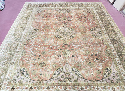 Indo Persian Rug 8x10, Vintage Indian Rug 8 x 10, Fine Hand-Knotted Wool Rug, Rose Clay Red Beige Brown Handmade Area Rug, Floral Medallion-2