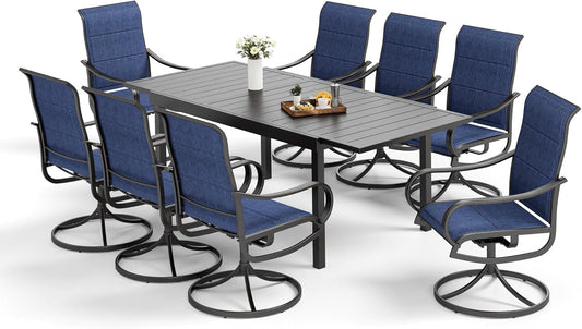 9-Piece Metal Outdoor Patio Dining Furniture Set with 6 Padded Sling Swivel Chairs and 1 Expandable Outdoor Dining Rectangle Table, Blue-0