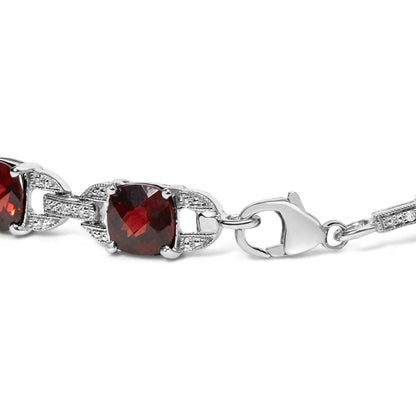 .925 Sterling Silver 7x7mm Checkered Cushion Red Garnet and Diamond Accent Fashion Tennis Link Bracelet (I-J Color, I1-I2 Clarity) - Size 7" Inch-1