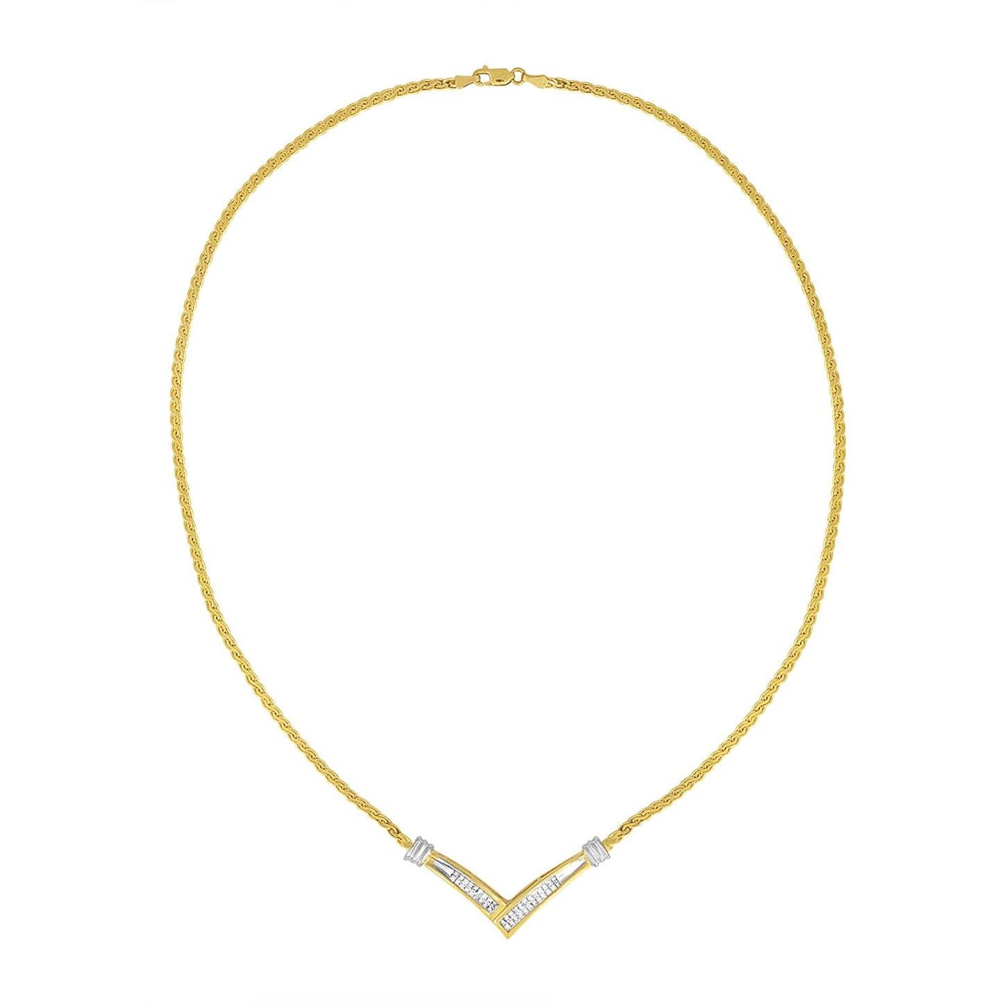 10K Yellow and White Gold 1/2 Cttw Princess Cut Diamond Channel-Set “V” Shape 18" Franco Chain Necklace (H-I Color, SI2-I1 Clarity)-1