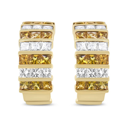18K Yellow Gold 1 3/4 Cttw Invisible Set Princess Cut Diamond and 2.5mm Yellow Sapphire Huggie Hoop Earrings (F-G Color, VS1-VS2 Clarity)-1