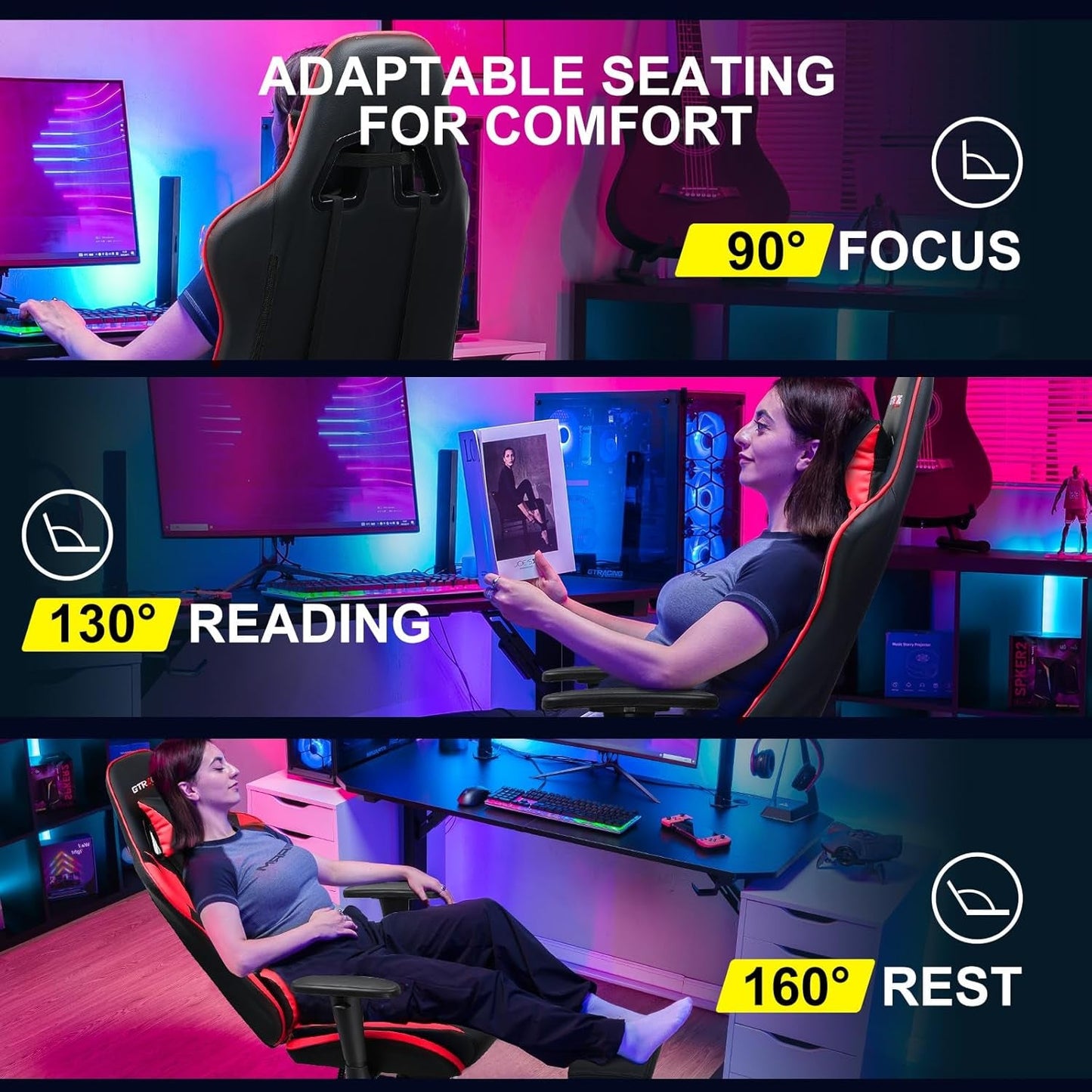 Gaming Chair with Footrest, Ergonomic Computer Game Desk Chair, Reclining Gaming Chair Seat Height Adjustment, Swivel Rocker with Headrest and Lumbar (Brickred)