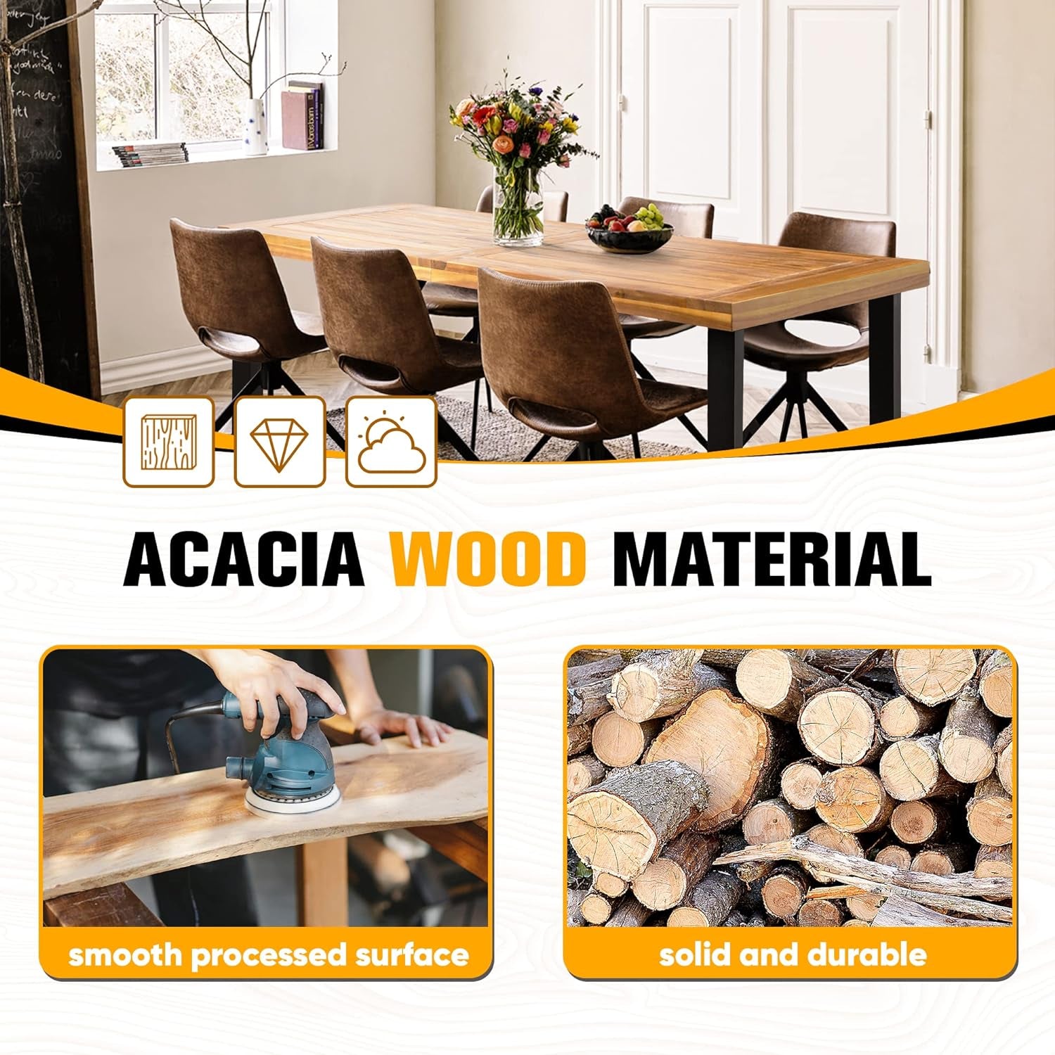 Dining Table for 6 Acacia Wood Indoor Outdoor Home Kitchen Table with Iron Legs Large Rectangular Patio Table for Deck, Sunroom-4