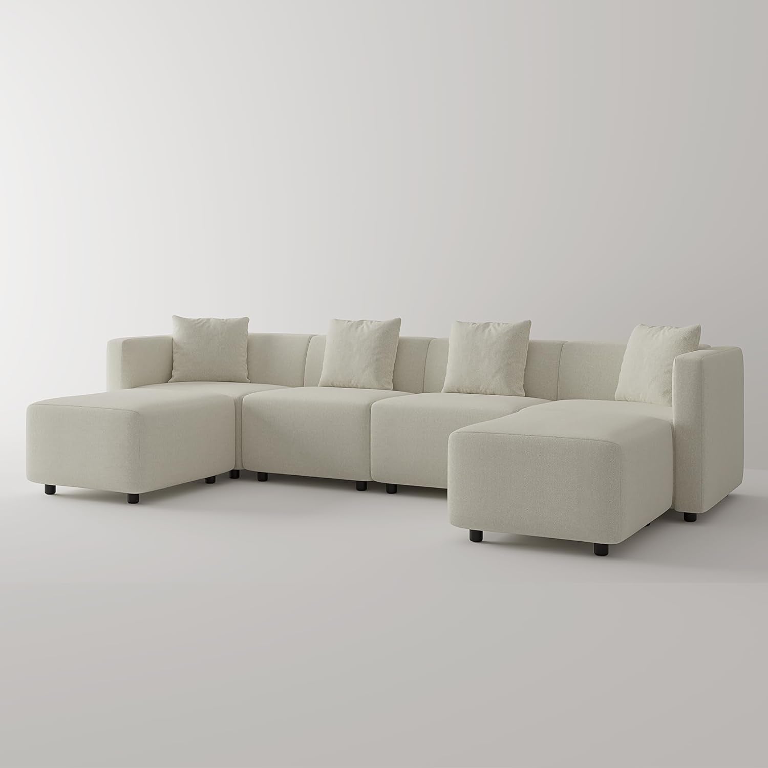 Convertible Modular Sectional Sofa, Modern Linen-Like Fabric Living Room Furniture Set with Reversible Chaise Lounge, Cream U-Shape Couch-2
