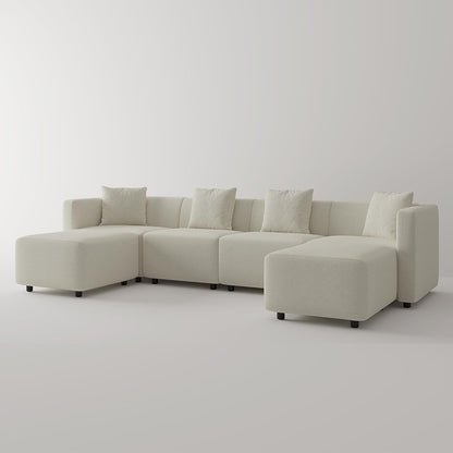 Convertible Modular Sectional Sofa, Modern Linen-Like Fabric Living Room Furniture Set with Reversible Chaise Lounge, Cream U-Shape Couch-2