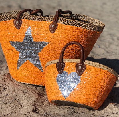 Orange Star Large Sequin Moroccan Beach Tote Bag