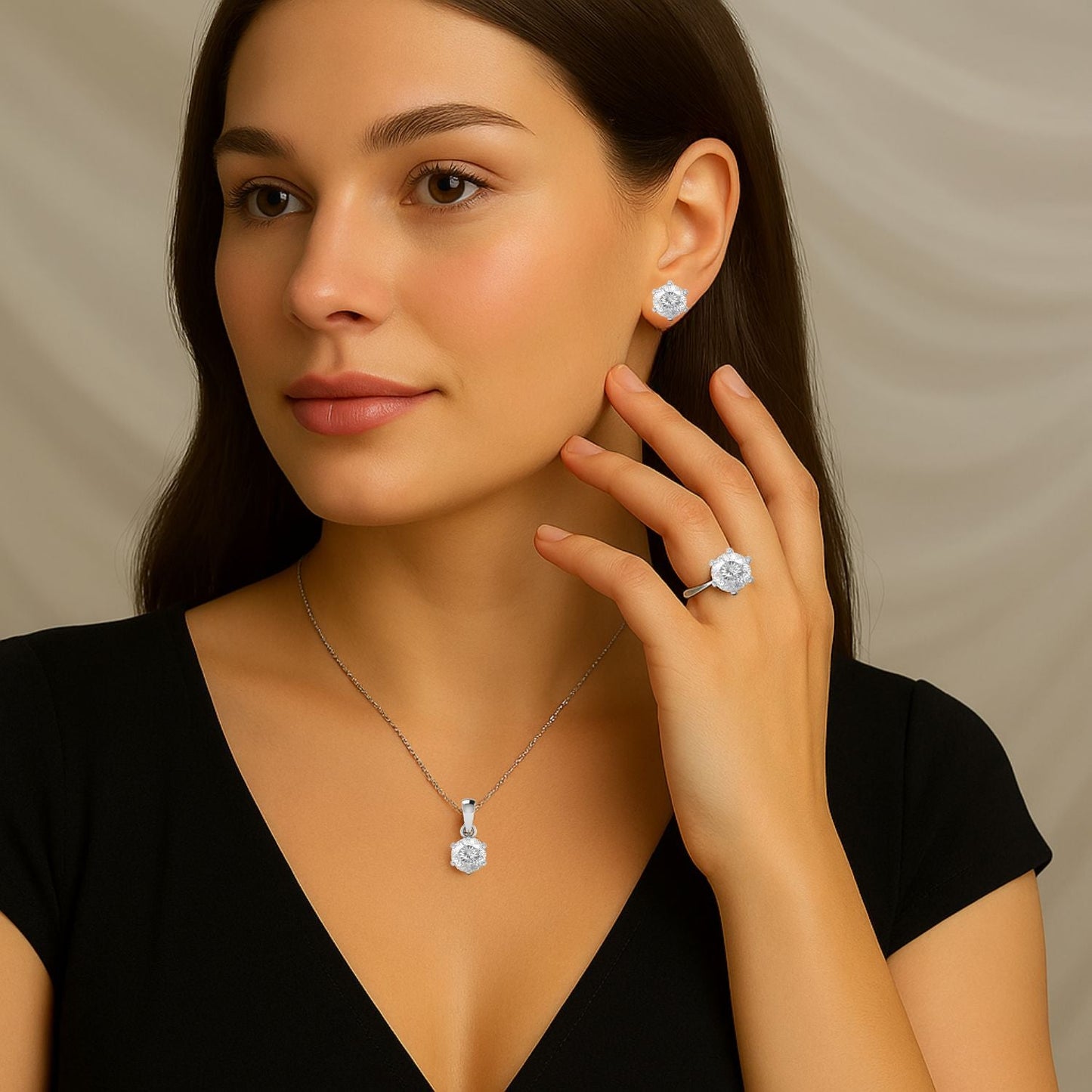 Moissanite Jewelry Set Solitaire Ring - Pendant - Earrings – Sterling Silver