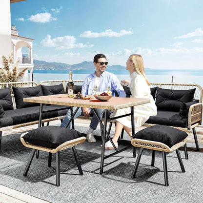 Patio Wicker L-Shaped Furniture Set, All-Weather Rattan Outdoor Conversation Sofa Set for Backyard Deck with Soft Cushions,Ottomans and Plastic Wood Dining Table (Light Brown+Black)-1