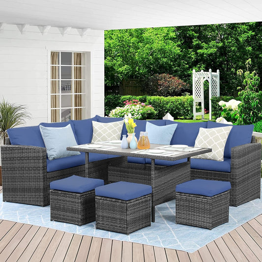 Outdoor Patio Furniture Set, 7 Piece Outdoor Dining Sectional Sofa with Dining Table and Chair, All Weather Wicker Conversation Set with Ottoman,Blue-0
