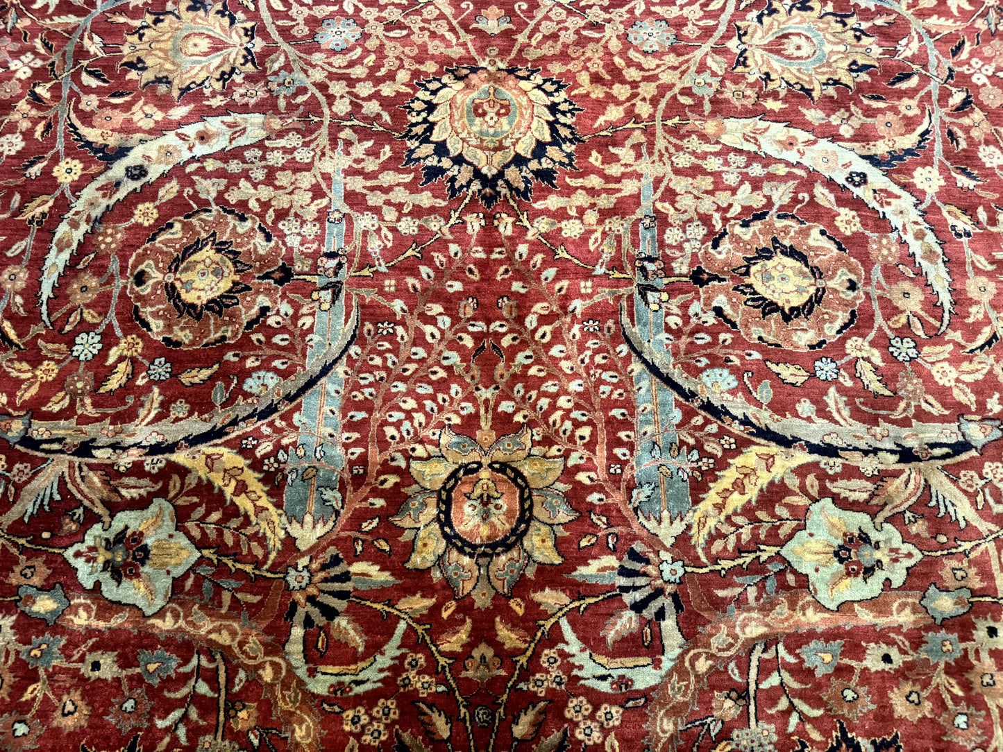 Indian Agra Rug 9x11, Terracotta and Navy Blue, Sickle Leaf Rug-3