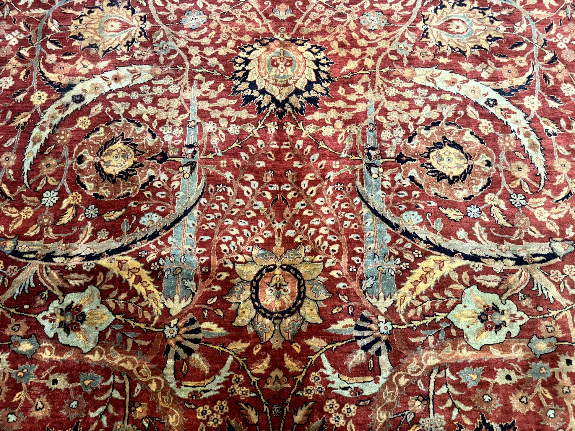 Indian Agra Rug 9x11, Terracotta and Navy Blue, Sickle Leaf Rug-3